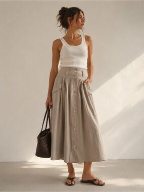 Vintage Cotton Twill Utility Midi Skirt | Size M
